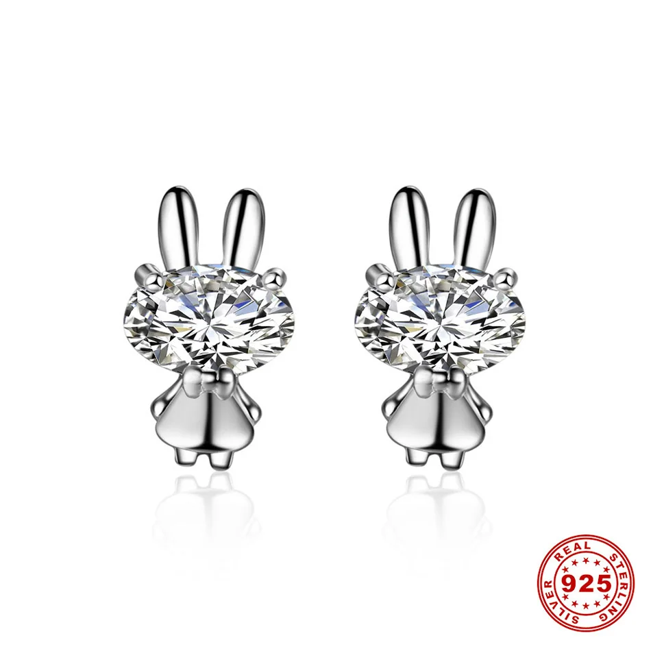 1Earrings Silver 925 New Cute Animal Bunny Rabbit CZ Ear Rings Christmas Gifts For Women Girls Children Bijoux Stud Earrings