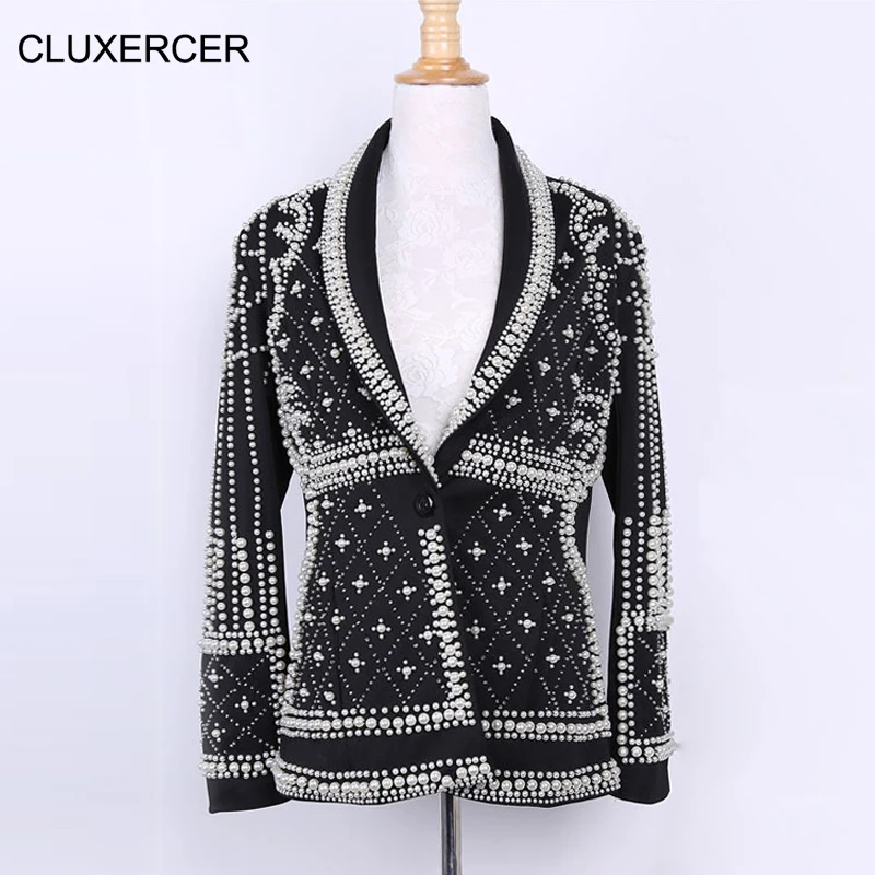 CLUXERCER Brand Blazer Women Coat Heavy Hand Made Beads Suit Jacket Long Sleeve Designer Outerwear Blazers Feminina