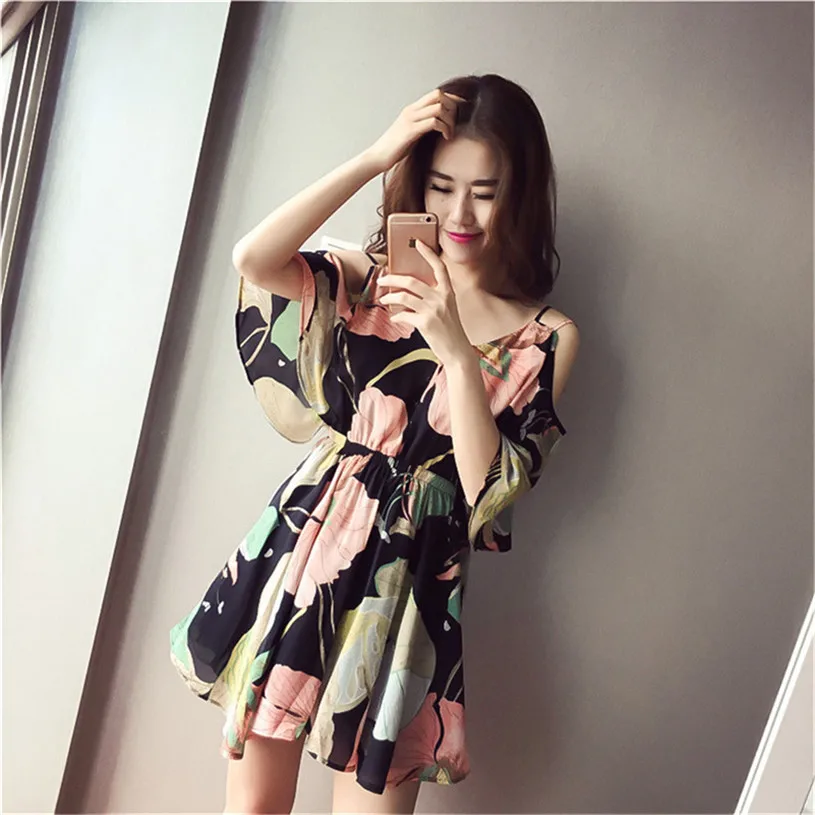 Casual Beach Dress Cold Shoulder ruffle print Summer dresses women High waist strap chiffon beach dress Boho party sexy dresses (7)