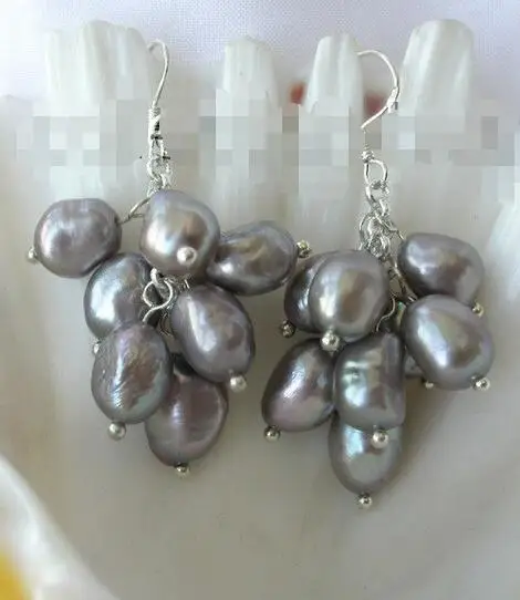 

Free Shipping >> stunning 10mm baroque gray freshwater pearl dangle grape earrings silver m427