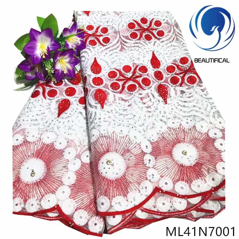

Beautifical nigerian lace fabrics Latest embroidery flowers tulle mesh lace with stones for wedding 5yards lace fabric ML41N70