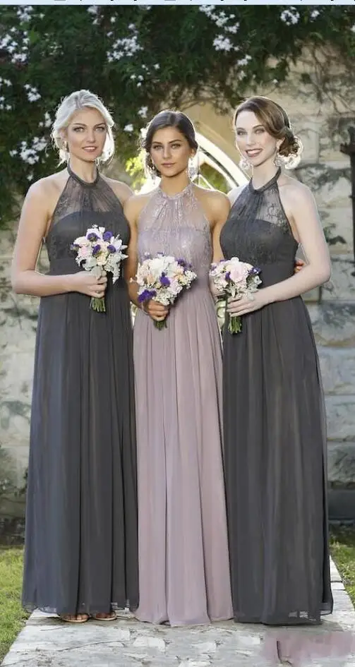 2017 Grey Pink Navy Blue Lace Bridesmaid Dresses Halter Neck 2017 Grey Pink Navy Blue Lace Bridesmaid Dresses Halter Neck Chiffon Long Formal Bridesmaids Maid Of Honor In From Weddings