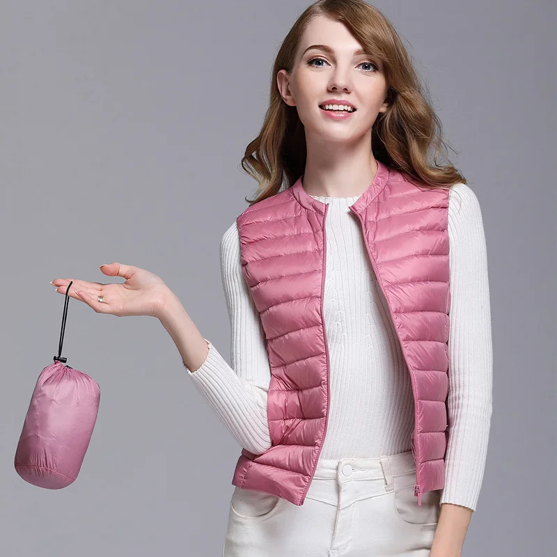 Koop Nieuwe Herfst Vrouwen Witte Eendendons Vest Ultra Licht Down Vest Jacket Winter Ronde Kraag Peter Pan Slanke Mouwloze Jas