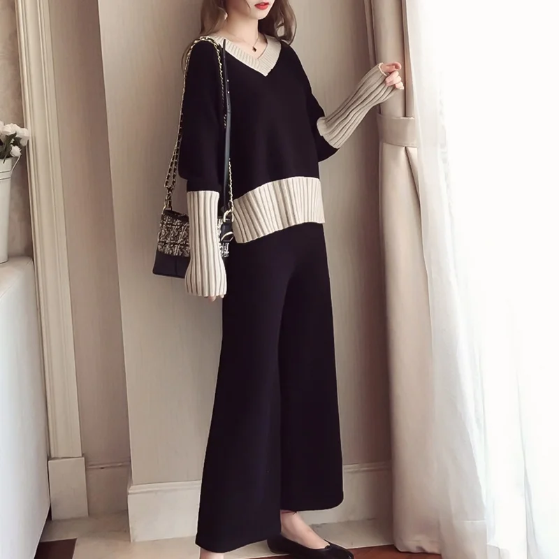 Knitted suit female set 2 pieces pants winter warm women ladies elegant