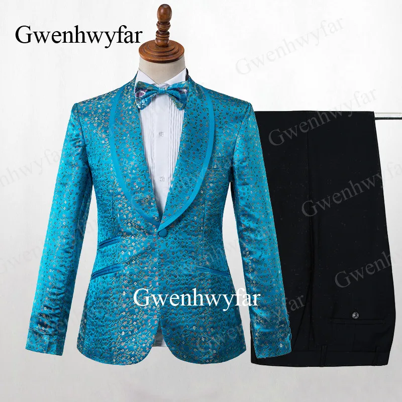 

Gwenhwyfar 2019 New 2 PCS Blue Men's Suits Stylish Small Flowers Business Tuexdos Wedding Party Dress Casual Slim Suit Tuexdos