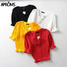 Aproms Elegant V Neck Knitted Elastic Shirts Women Ruffles Short Sleeve Cropped Blouse Female Bodycon Tops 2019