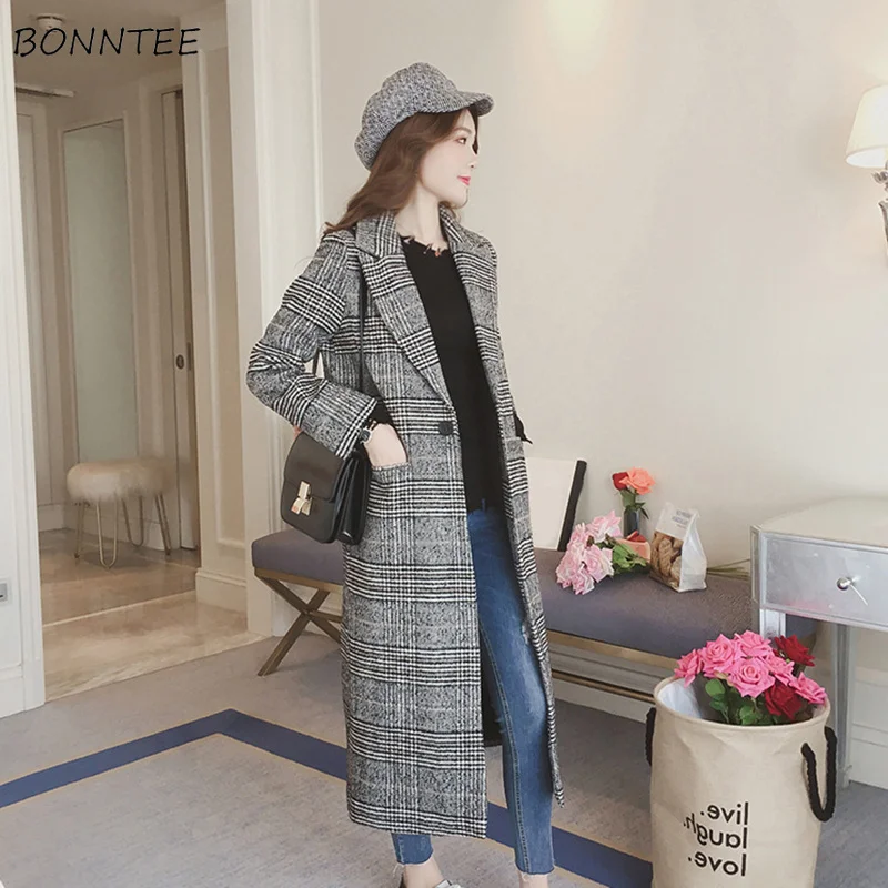 

Wool Women Plaid Simple All-match Turn-down Collar Loose Single Button Blends Womens Korean Style Retro Ladies Woolen Outerwear