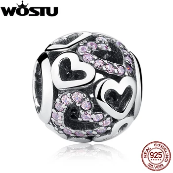 

New 925 Sterling Silver Falling In Love Heart Openwork Charm Bead With Pink CZ Fit Original wst Bracelet Authentic Jewelry