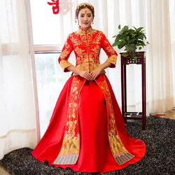 Красный невесты традиции Oriental Стиль платья Китайская традиционная свадебное платье Для женщин феникс вышивка Cheongsam долго Qipao