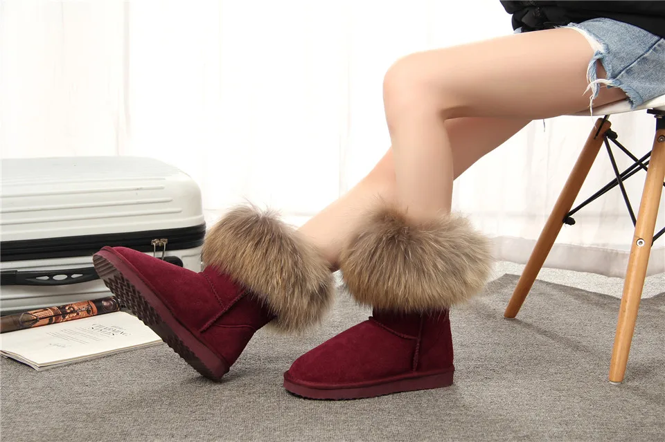 MBR FORCE Fashion Women's Natural Real fox Fur Snow Boots Genuine Cow Leather women Boots Female Warm Winter Boots Shoes