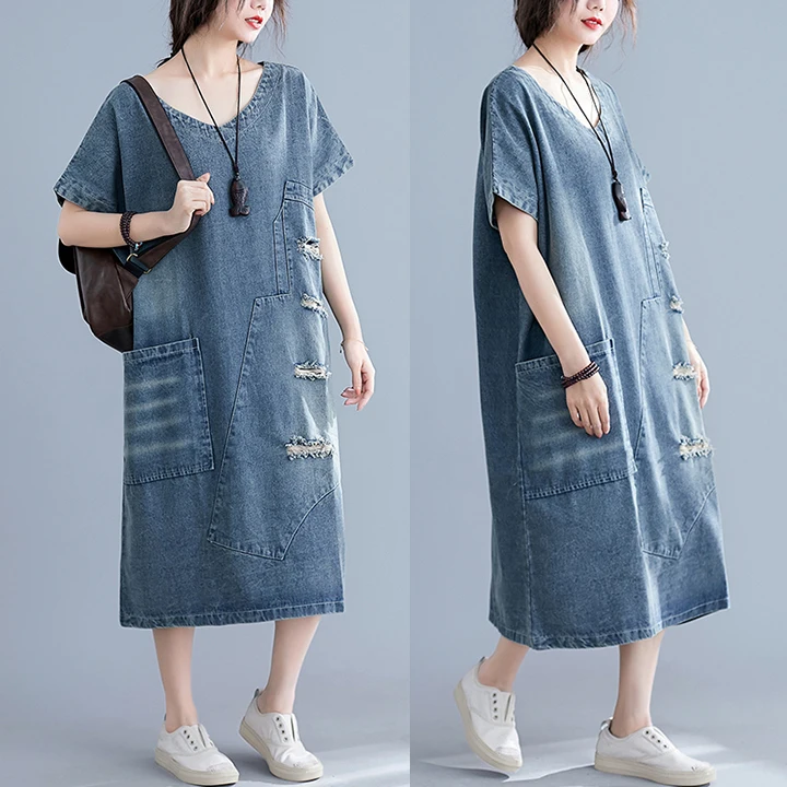 

#0403 Summer V Neck Denim Dress Women Holes Vintage Patchwork Big Pockets Ripped Jeans Plus Size Loose Retro Dresses Ladies