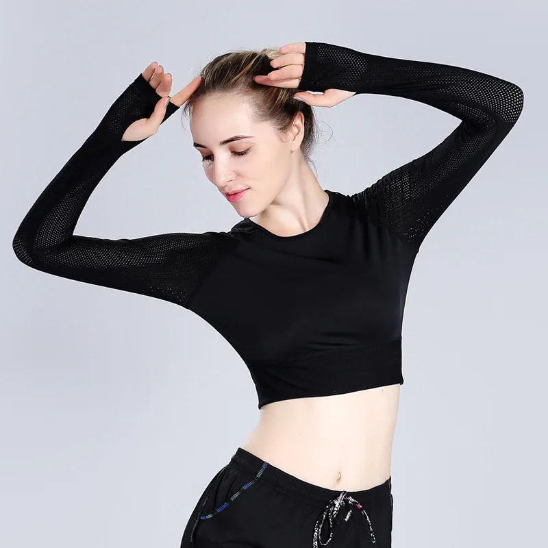 Ladies Sports Fitness Long Sleeve T-Shirt Sexy Mesh Breathable Workout Yoga Shirts Black Gym Running Base Layer Crop Top Women