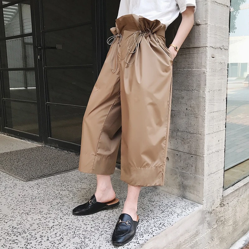 

Summer new style drawstring design pleated high waist leisure trousers men's straight tube wide leg pants