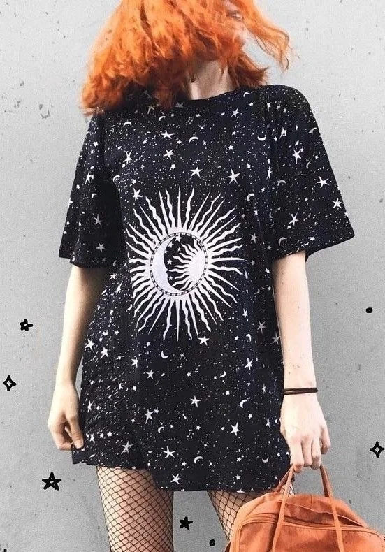 HAHAYULE-JBH, 1 шт., футболка в винтажном стиле с изображением Луны, солнца, звезд, большие размеры, хипстер, гранж, эстетическая Футболка с принтом, топ в готическом стиле, футболка ведьмы