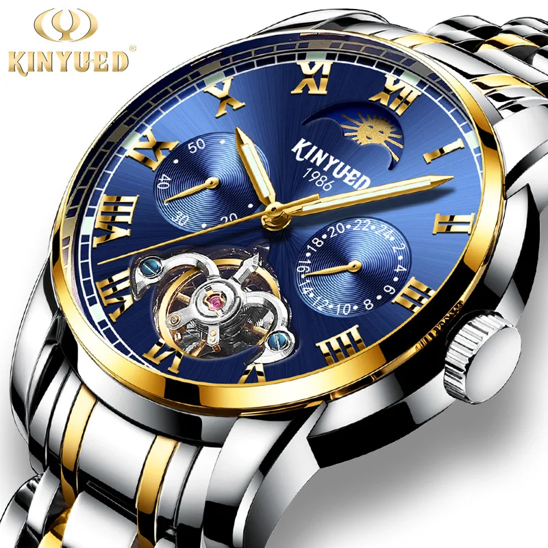 KINYUED Watch Men Luxury Waterproof Moon Phase Business Gift Mechanical