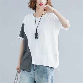 

White Color Block Cut-and-Sew cotton Top Short Sleeve round-Neck Casual T Shirt Women 2019 Summer Leisure Irregular hem Tshirt