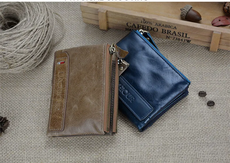 Brand Men Genuine Leather Wallet Short Men Cowhide Leather Coin Pocket Purse Male Carteira Masculina Double Zipepr Coin Bag