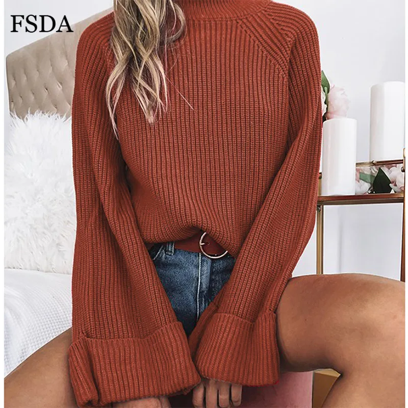 

FSDA Long Sleeve Turtleneck Sweater Loose Casual Flare Sleeve Solid Elegant Knitting Autumn Winter Pullovers Women