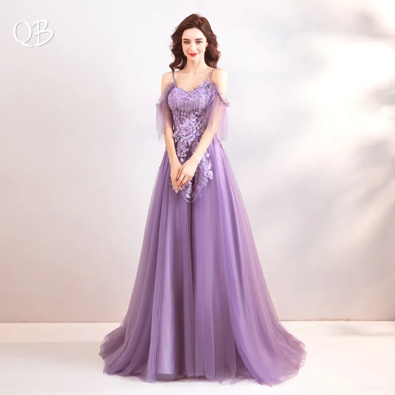 2019 New Design Purple A-line Lace Tulle Flowers Appliques Evening Dresses Long Formal Vintage Evening Gowns XK01 2019 New Design Purple A-line Lace Tulle Flowers Appliques Evening Dresses Long Formal Vintage Evening Gowns XK01