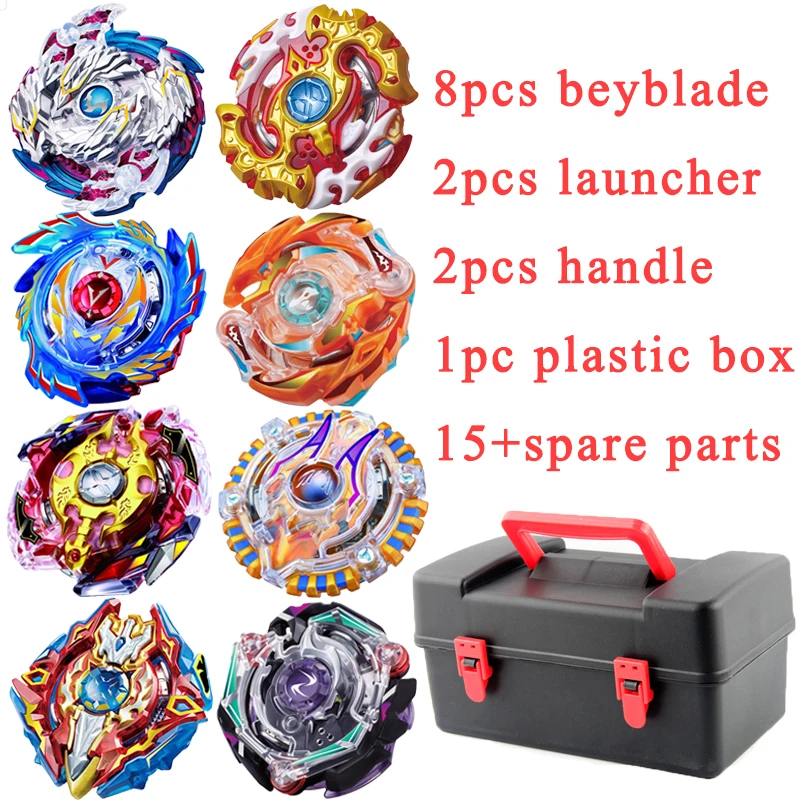 

New Metal Beyblade Set 8 Beyblades+2 Launcher+2 Handle+1 Plastic Box Metal Funsion 4D Spin Tops Toys Gift