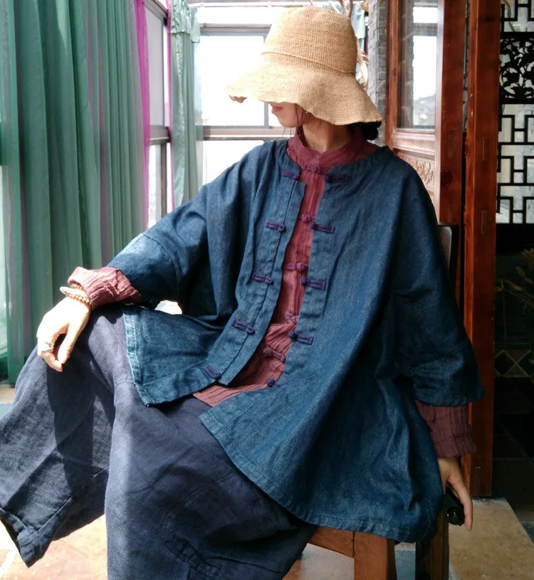 Blue Lavé Chauve Conception Tranchée Mode D'extérieur Femelle Denim Originale souris 2018 Lâche Hiver Nouvelle Vêtements Automne Et Lin Taille Manches Grande WRffZvA