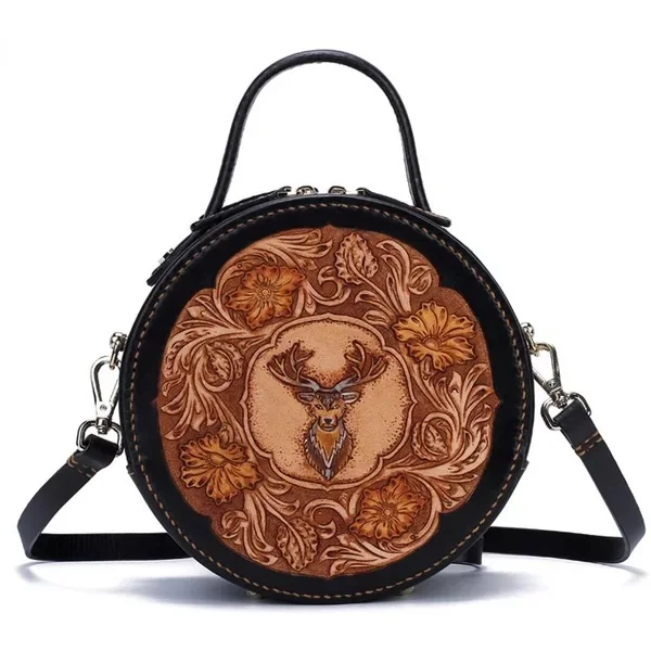 

Unique Engraved Designer Ladies Circular Handbag 100% Handmade Genuine Cow Leather Carved Female Cross Shoulder Bag For Women