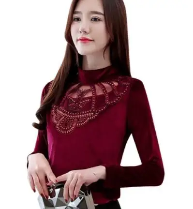 Женская футболка с высоким воротником на осень и зиму с новым стилем кружева плюс бархат утолщение