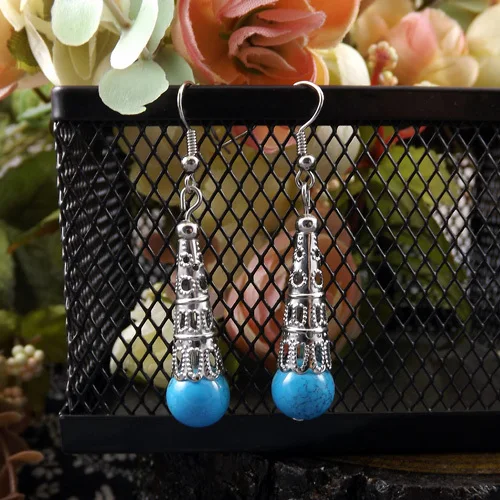 

1 Pair Tibetan Silver Ethnic Antique Horn Beaded Earrings Ethnic Enamel Earrings