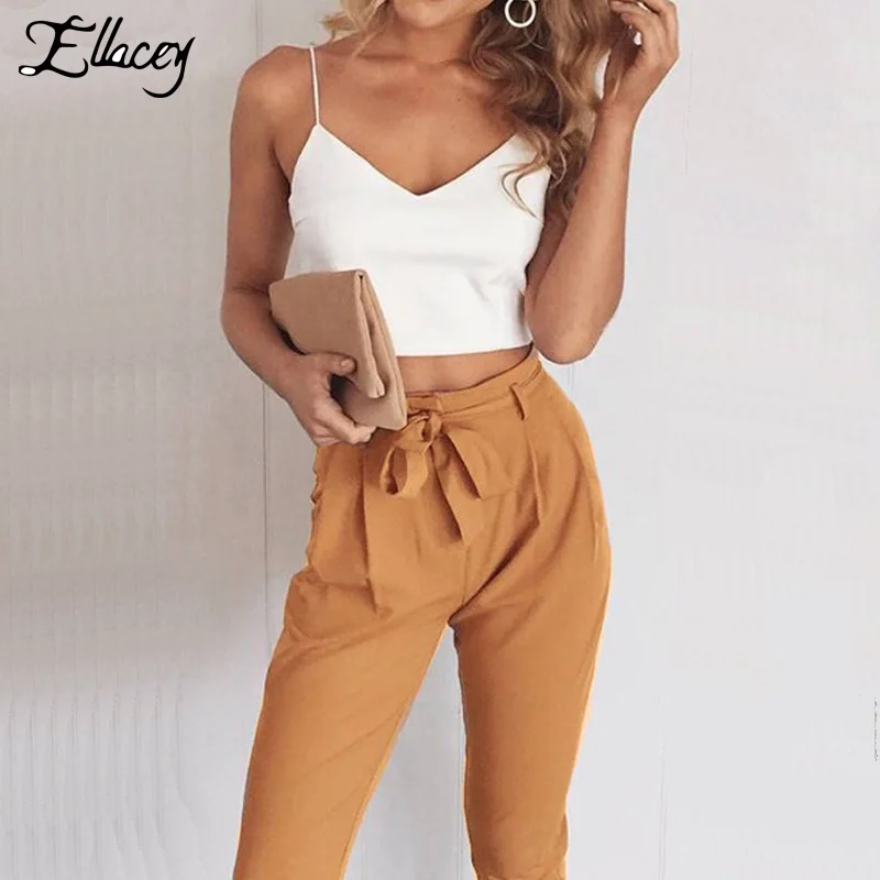 

Ellacey 2019 Summer Camisole Sexy 2 Piece Set Women V-neck Sleeveless Crop Tops Vest Pants Two Piece Set Outfits With Sashes
