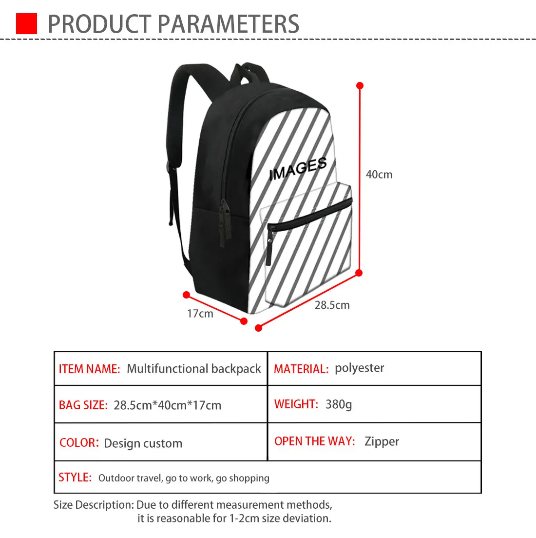 School Bag Size Chart