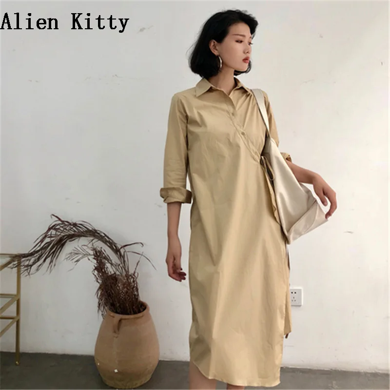 Alien Kitty/2018 г. Летние Осенние повседневные рубашки до середины икры с поясом на