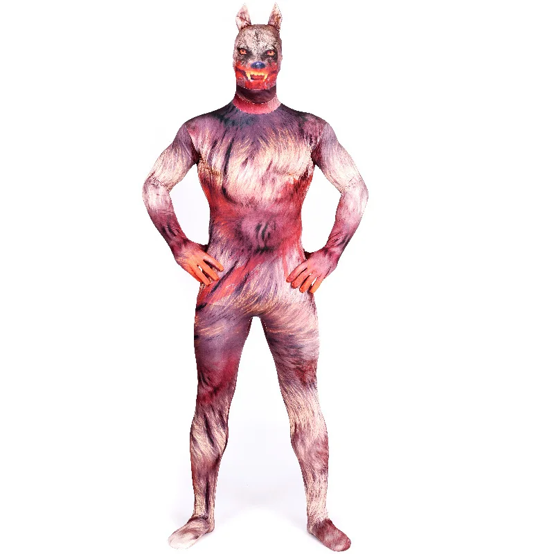 Naylon Likra Korkunç Kurt Adam Kostüm Maske Spandex ile Big Bad Kurt Kostüm Tam Hood Zentai Takımları Hayvan Cadılar Bayramı Cosplay Suit