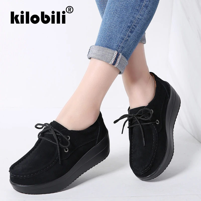 kilobili 2019 Spring women flats shoes thick soled high platform shoes leather suede ladies