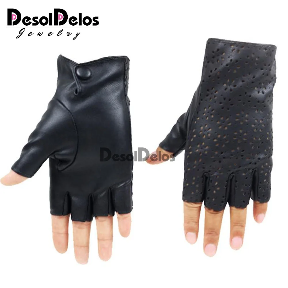 DesolDelos Ladies Fingerless Gloves Breathable Soft Leather Gloves for Dance Party Show Women Black Half Finger Mittens R006