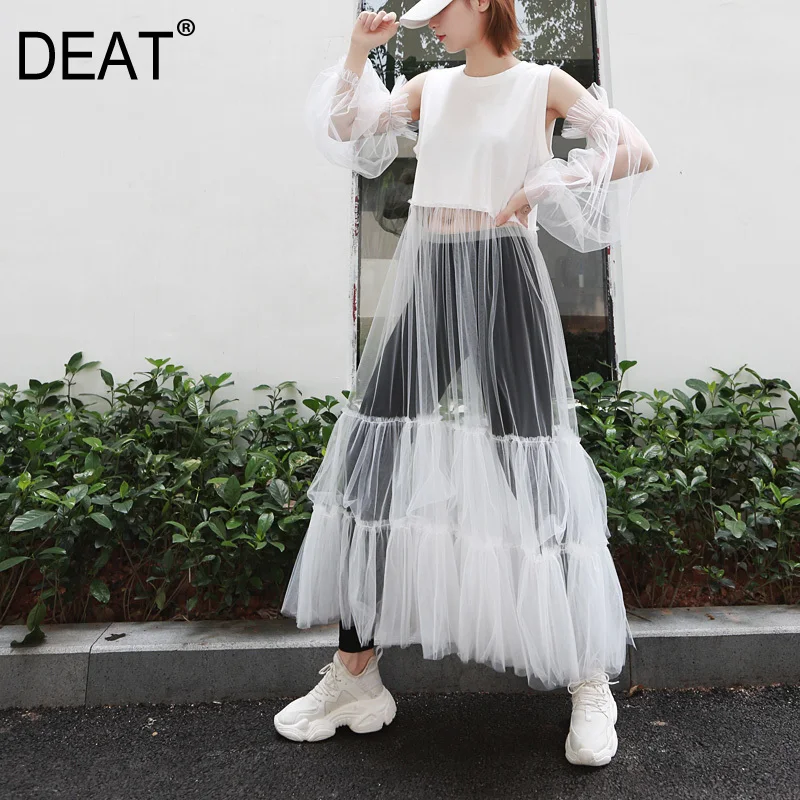 

[DEAT] 2019 New Spring Summer Round Neck Sleeveless Green Mesh Split Joint Loose Temperament T-shirt Women Fashion Tide JU70