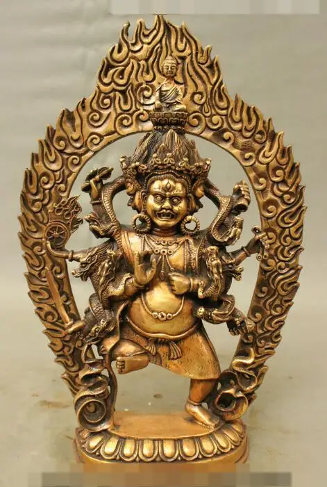 

S01414 13 Tibet Bronze Gilt Buddhism 3 Head 6 Arms Dragon Vajra Mahakala Buddha Statue (B0328)