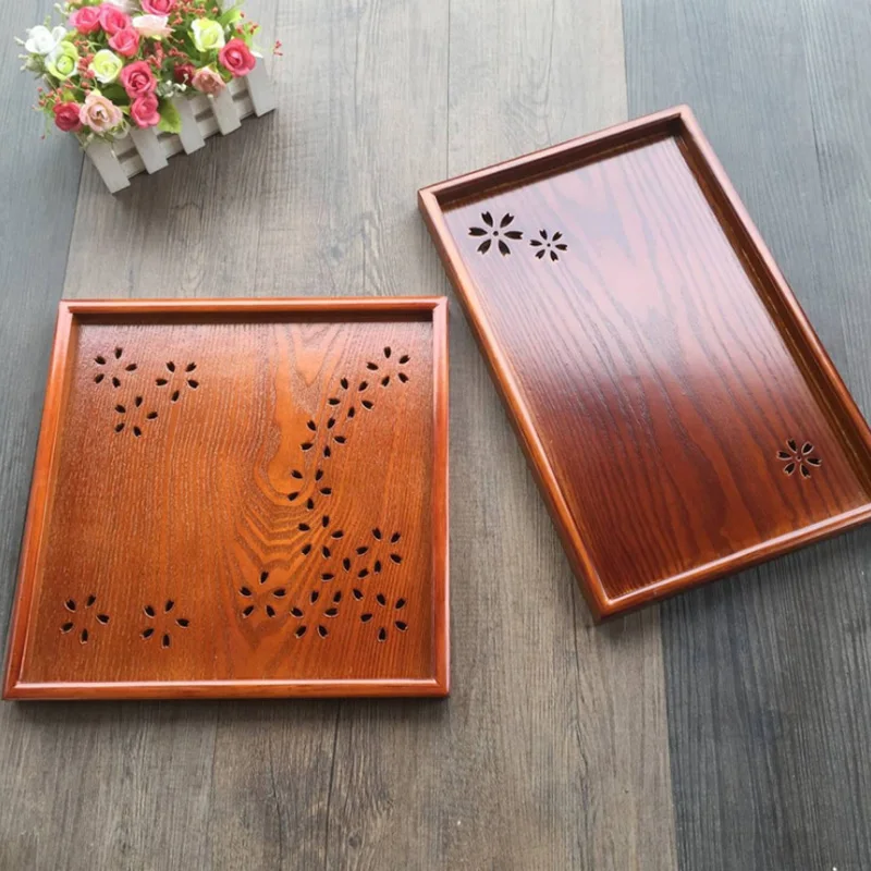 

Creative hollow cherry wood tray rectangular wooden plate home square tea cup tea tray
