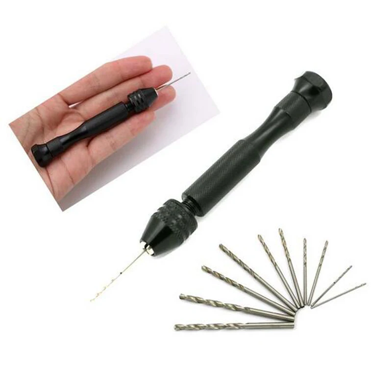 11pcs Mini Micro Aluminum Hand Drill With Keyless Chuck +10x High Speed Steel Twist Drills