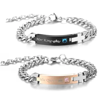 

New Arrival His Queen Her King Couple Stainless Steel Crystal Charm Bracelets For Women Men Bangles Jewelry