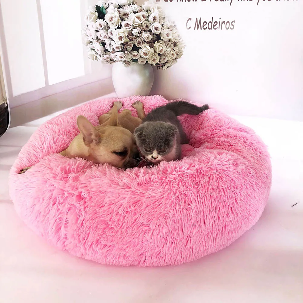 Длинная плюшевая супер мягкая кровать для домашних животных питомник собака круглый кот зимний теплый спальный мешок щенок подушка коврик переносные принадлежности для кошек - Цвет: pink