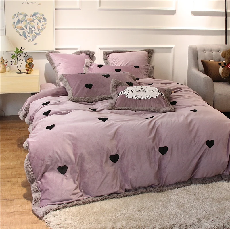 Luxury Velvet Flannel Sweet Heart Bedding Set Warm Fleece Applique