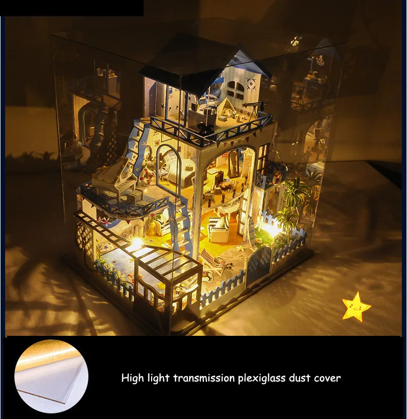 Кукольный дом с светильник музыка Блюз Эгейское море ручной работы DIY строительный комплект для кукольного дома мебель игрушки для детей Casa Juguetes