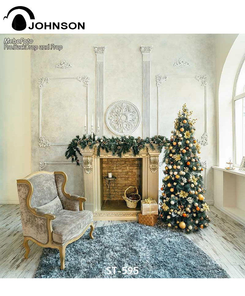 

White 3D Decorations Xmas Tree Hall Fireplace Room backdrops Vinyl cloth Computer printed christmas photo studio background