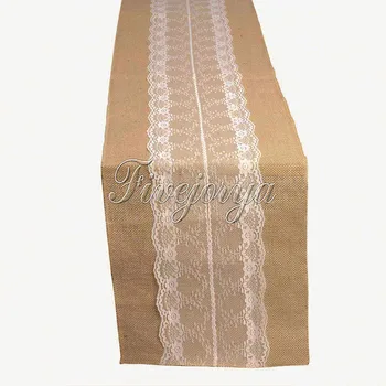 

30cm x 275cm 5Pieces White Lace Natural Hessian Burlap Table Runner For Party Banquet Hotel Table Wedding Decor Home Textile