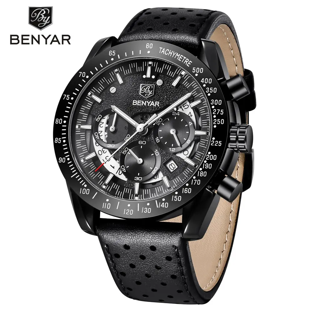 Benyar спортивные часы, мужские водонепроницаемые кварцевые часы с хронографом, деловые наручные часы, мужские часы - Цвет: leather black