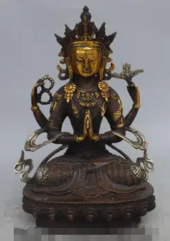 

S01391 12"Chinese Tibet Bronze Gilt Silver 4 Hands Arms Chenrezig Goddess Buddha Statue