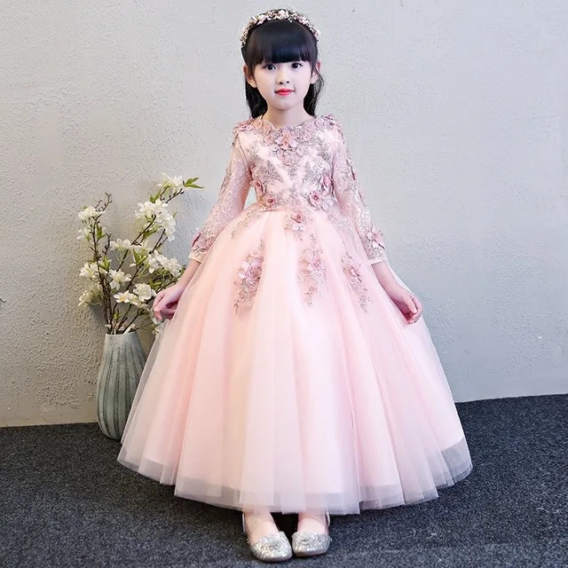 Elegant Pink Tulle Flower Girl Dress for Wedding Long Sleeve Appliques Kids Party Prom Dress First Communion Dresses Princess 1