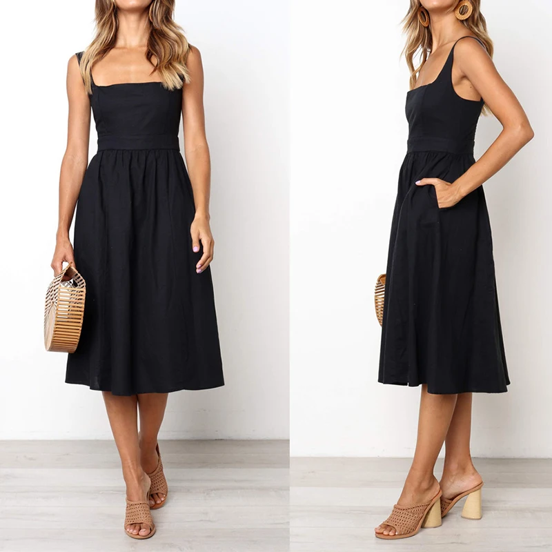 Women Simple Solid Color Dress Women Strapless Spaghetti Strap Fashion Vestidos Dresses Elegant Ladies Party Causal Summer Dress