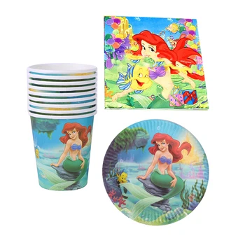 

60pcs/lot Happy Baby Shower Girls Favors Napkins Birthday Party Cups Plates Decoration Towels Little Mermaid Theme Tableware Set