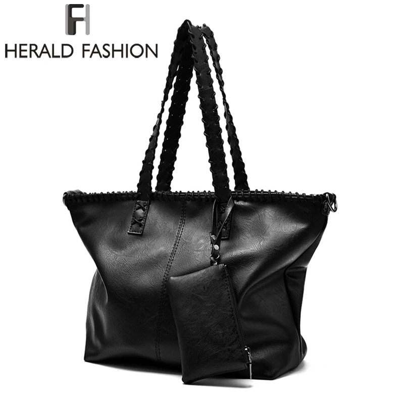 

Herald Fashion Women Leather Handbag Wide Strap Female Vintage Shoulder Bag Large Capacity Tote Bag Causal Ladies Crossbady Bag